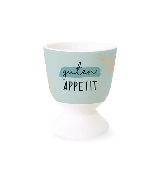 KI-generiertes Bild Eierbecher Echt-Gold Spruch "Guten Appetit" Gute Laune Eierhalter