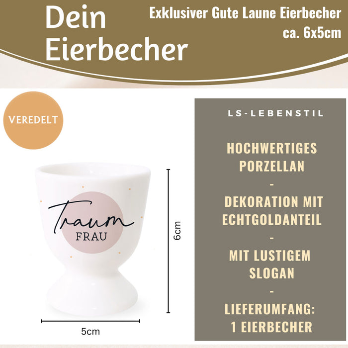 KI-generiertes Bild,Echt-Gold Eierbecher Spruch "Traumfrau" Gute Laune Eierhalter