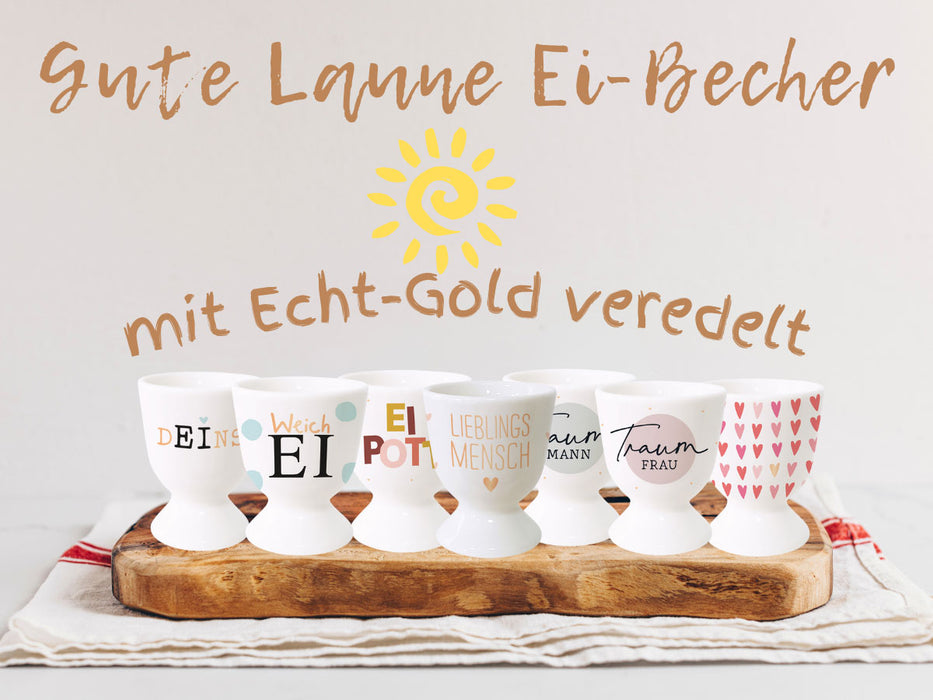 KI-generiertes Bild,Echt-Gold Eierbecher Spruch "Traumfrau" Gute Laune Eierhalter