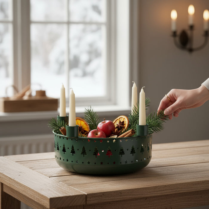 KI-generiertes Bild,Kerzenschale Metall 23cm Rund Grün Dunkel Stabkerzen Kerzenständer Kerzenleiste