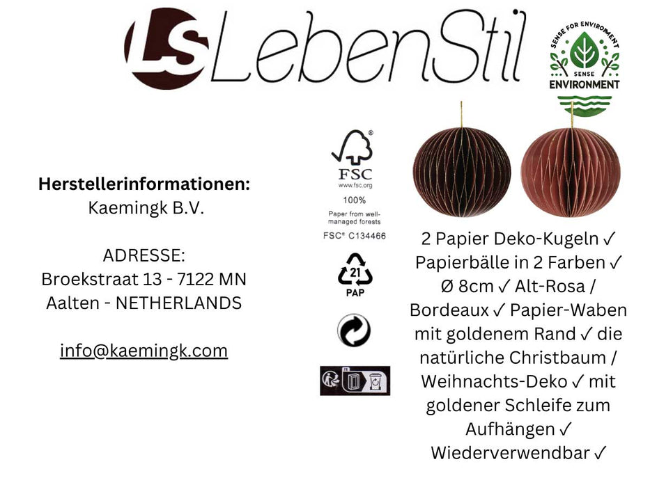 KI-generiertes Bild,2x Wabenball Alt-Rosa Bordeaux 8cm Papierkugel Honeycomb Deko Party Weihnachten