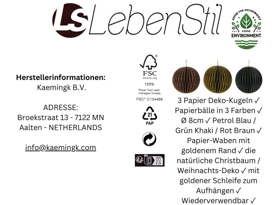 KI-generiertes Bild,3x Wabenball Petrol Grün Braun 8cm Papierkugel Honeycomb Deko Party Weihnachten