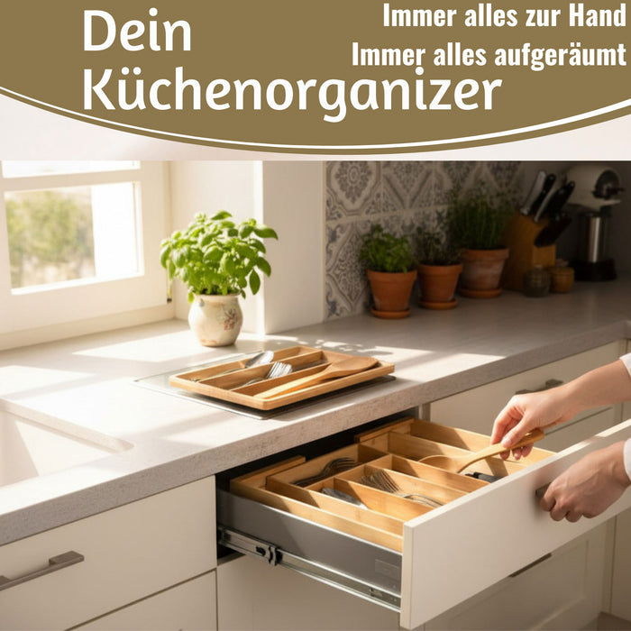 KI-generiertes Bild,Holz Schubladeneinsatz Besteckkasten 28-45cm ausziehbar Besteckbox Organizer