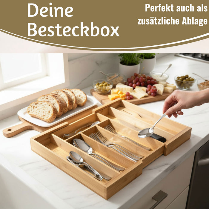 KI-generiertes Bild,Holz Schubladeneinsatz Besteckkasten 28-45cm ausziehbar Besteckbox Organizer