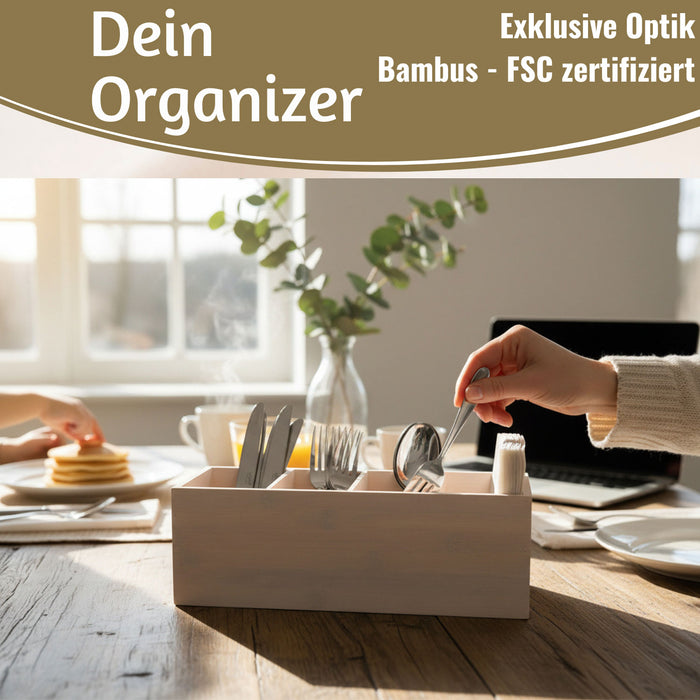 KI-generiertes Bild,XL Landhaus Holz Aufbewahrungsbox 34cm 4 Fächer Cutlery Stiftebox Besteckkorb