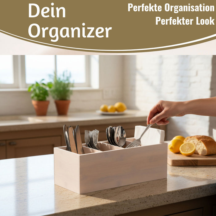 KI-generiertes Bild,XL Landhaus Holz Aufbewahrungsbox 34cm 4 Fächer Cutlery Stiftebox Besteckkorb