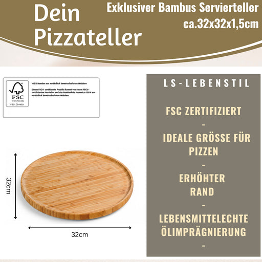 KI-generiertes Bild,XL Holz Pizzateller Servierteller 32cm Bambus Rund Schneidebrett Vesperbrett