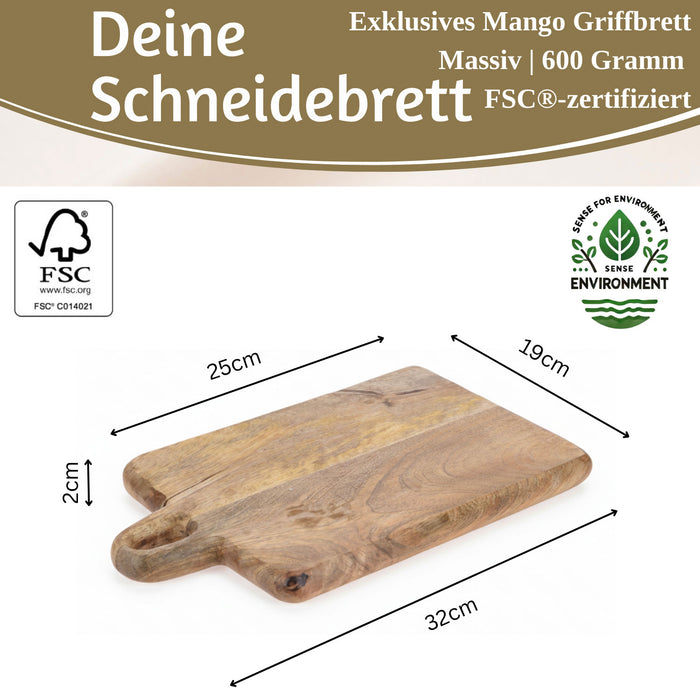 KI-generiertes Bild,Mango Holz Schneidebrett mit Griff 32cm Vesperbrett Tranchierbrett Massiv