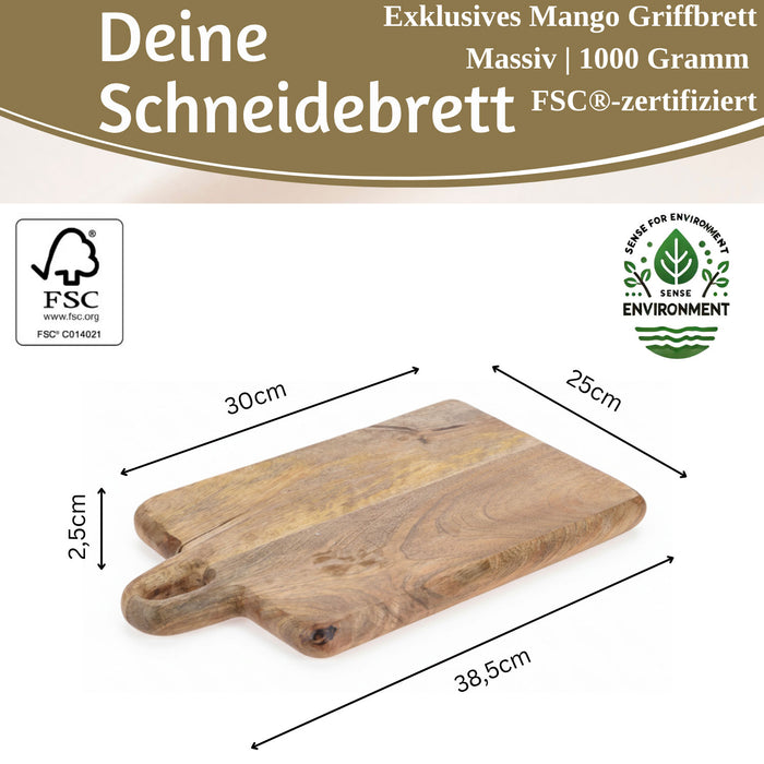 KI-generiertes Bild,Mango Holz Schneidebrett mit Griff 38cm Vesperbrett Tranchierbrett Massiv