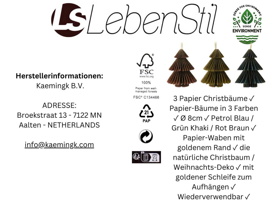 KI-generiertes Bild,3x Papier Tannenbaum Petrol Grün Braun 8cm Deko-Hänger Weihnachten