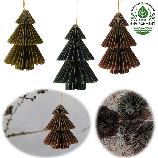 KI-generiertes Bild 3x Papier Tannenbaum Petrol Grün Braun 8cm Deko-Hänger Weihnachten