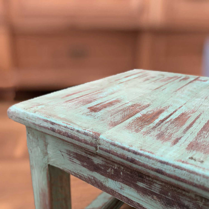 KI-generiertes Bild,Vintage Holz Fußhocker Tritthocker Türkis 26cm Fundholz Schemel Fußbank Bänkchen