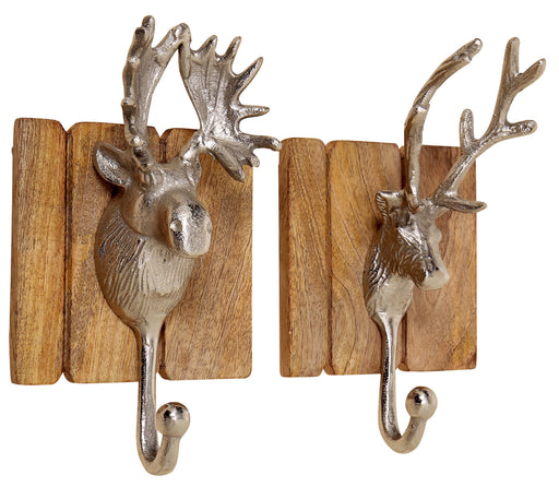 KI-generiertes Bild,2 Garderobenhaken Holz Alu Hirsch-Kopf Braun Set Wandhaken Wand-Garderobe