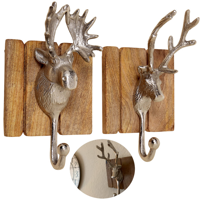 KI-generiertes Bild 2 Garderobenhaken Holz Alu Hirsch-Kopf Braun Set Wandhaken Wand-Garderobe