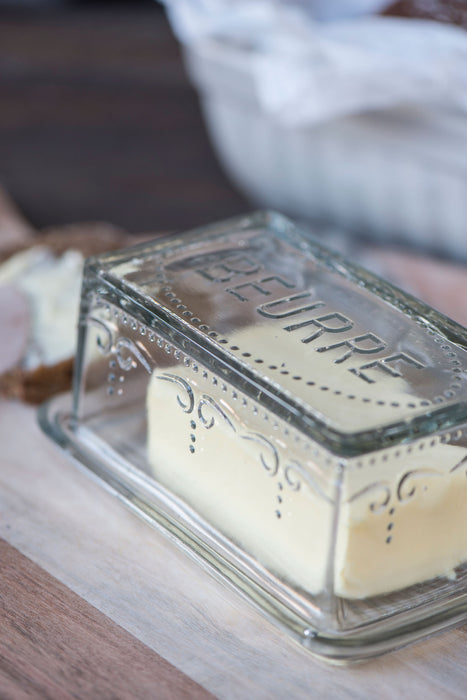 KI-generiertes Bild,Vintage Glas Butterdose 16x10cm 2tlg. Deckel Beurre Butterglocke Butterschale
