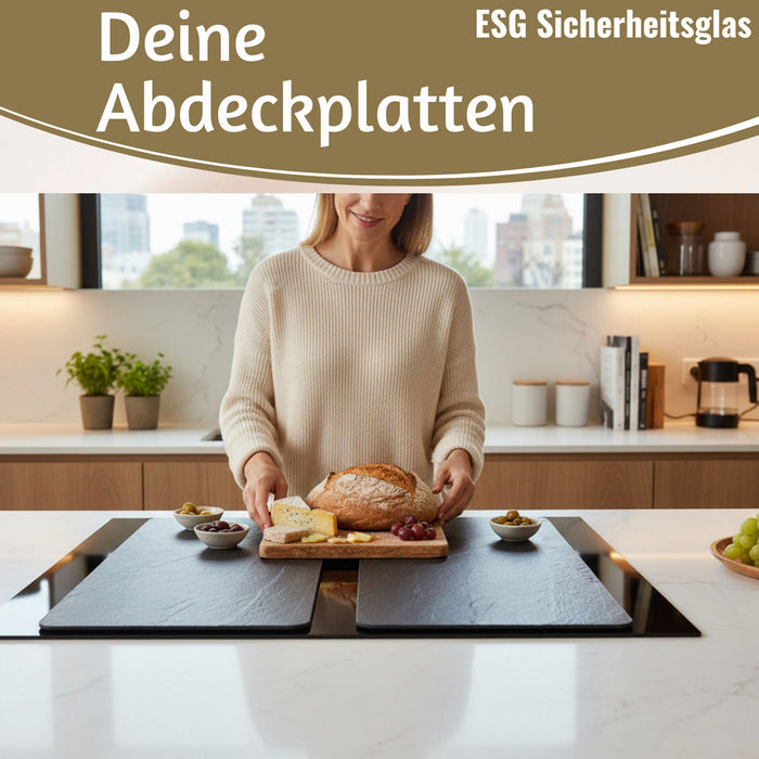 KI-generiertes Bild,2´er Set ESG Glas Herdabdeckplatten Schiefer 52x30cm Glasschneidebrett Schneidebrett