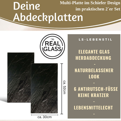KI-generiertes Bild,2´er Set Glas Herdabdeckplatten Schiefer 52x30cm Glasschneidebrett Schneidebrett