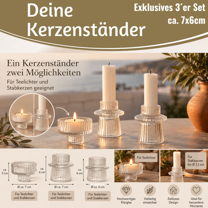 KI-generiertes Bild,3er Set Glas Kerzenständer Klar 7cm Kerzenhalter für Stabkerzen Teelichter