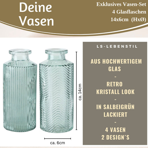 KI-generiertes Bild,4x Retro Glas Vase 14cm Salbei Grün Set Blumenvase Deko Tischvase Väschen
