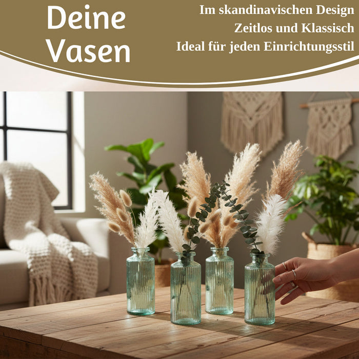 KI-generiertes Bild,4x Retro Glas Vase 14cm Salbei Grün Set Blumenvase Deko Tischvase Väschen