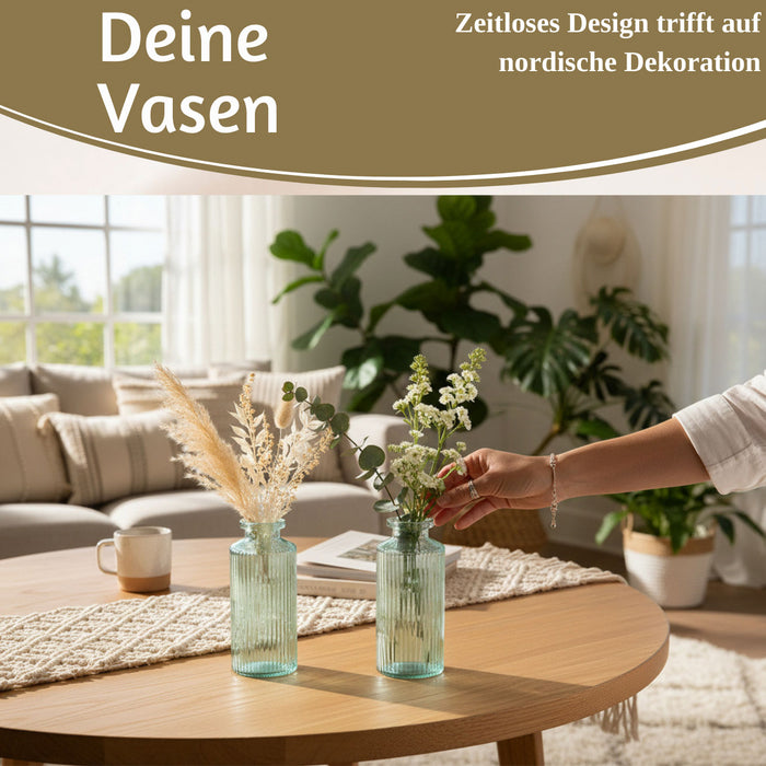 KI-generiertes Bild,4x Retro Glas Vase 14cm Salbei Grün Set Blumenvase Deko Tischvase Väschen