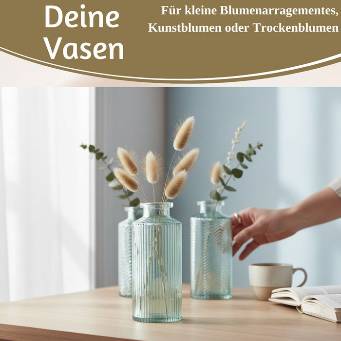 KI-generiertes Bild,4x Retro Glas Vase 14cm Salbei Grün Set Blumenvase Deko Tischvase Väschen