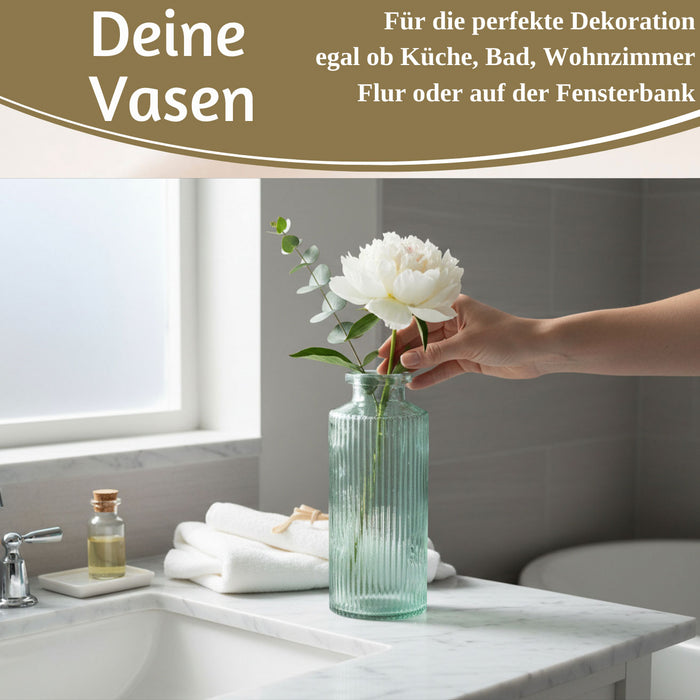 KI-generiertes Bild,4x Retro Glas Vase 14cm Salbei Grün Set Blumenvase Deko Tischvase Väschen