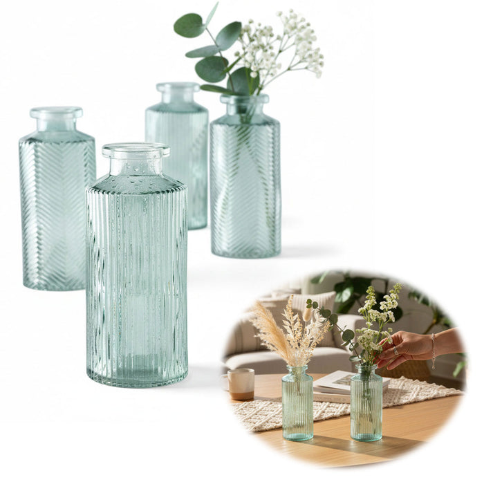 KI-generiertes Bild 4x Retro Glas Vase 14cm Salbei Grün Set Blumenvase Deko Tischvase Väschen