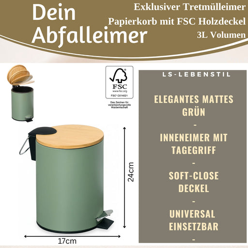 KI-generiertes Bild,Tretmülleimer Papierkorb 3L Grün Soft Close Rund Kosmetikeimer Fußpedal Mülleimer