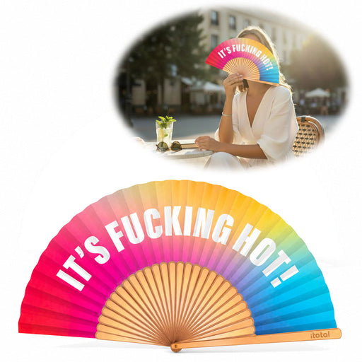 KI-generiertes Bild Handfächer Holz Stoff Fächer "It´s Fucking Hot" Bunt faltbar Faltfächer