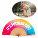 KI-generiertes Bild Handfächer Holz Stoff Fächer "It´s Fucking Hot" Bunt faltbar Faltfächer