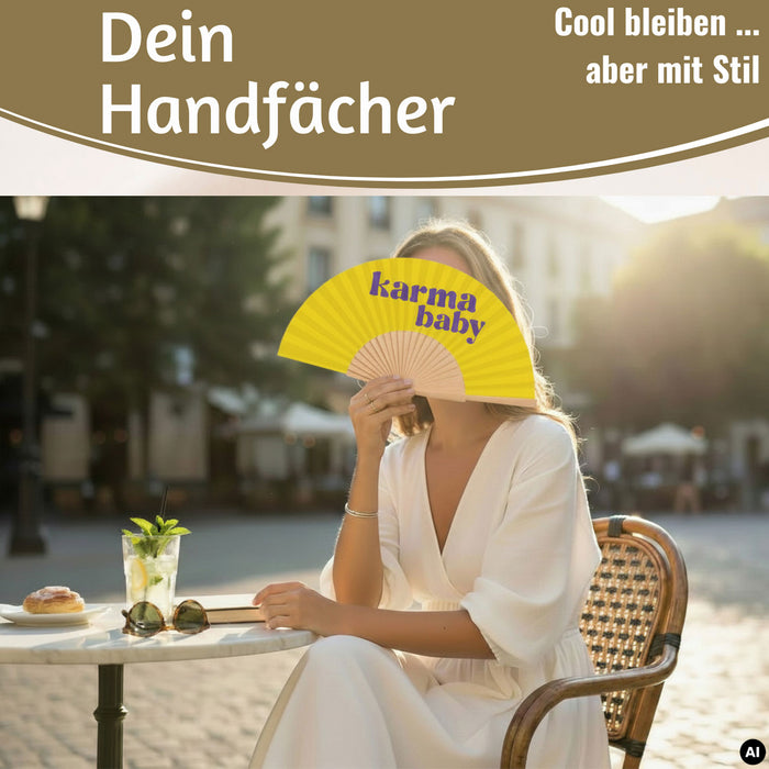 KI-generiertes Bild,Handfächer Holz Stoff Fächer "Karma Baby" Gelb Lila faltbar Faltfächer