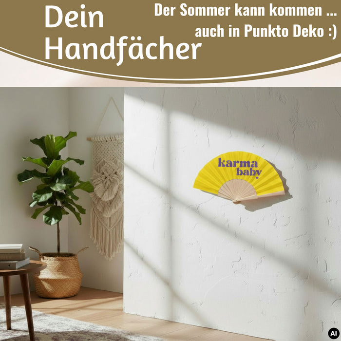 KI-generiertes Bild,Handfächer Holz Stoff Fächer "Karma Baby" Gelb Lila faltbar Faltfächer