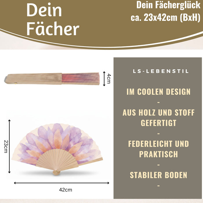 KI-generiertes Bild,Handfächer Holz Stoff Fächer "Blume" Lila Pink Rose faltbar Faltfächer