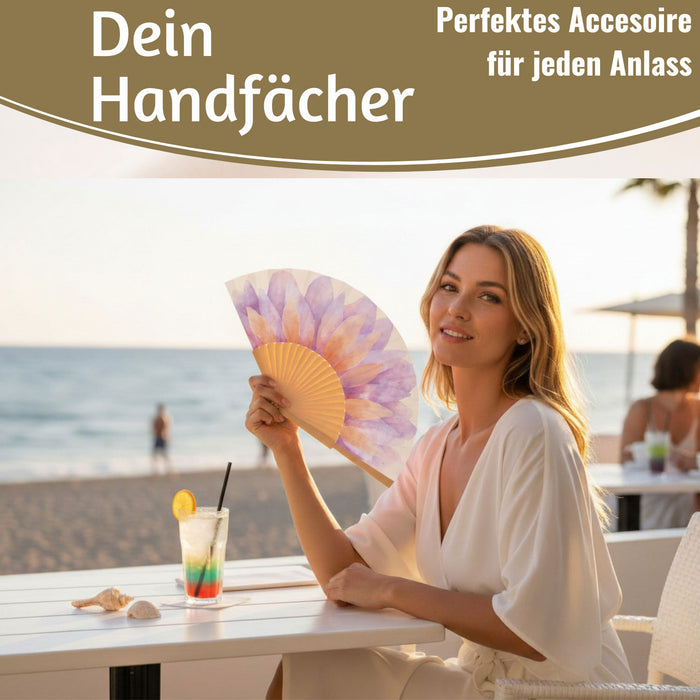 KI-generiertes Bild,Handfächer Holz Stoff Fächer "Blume" Lila Pink Rose faltbar Faltfächer