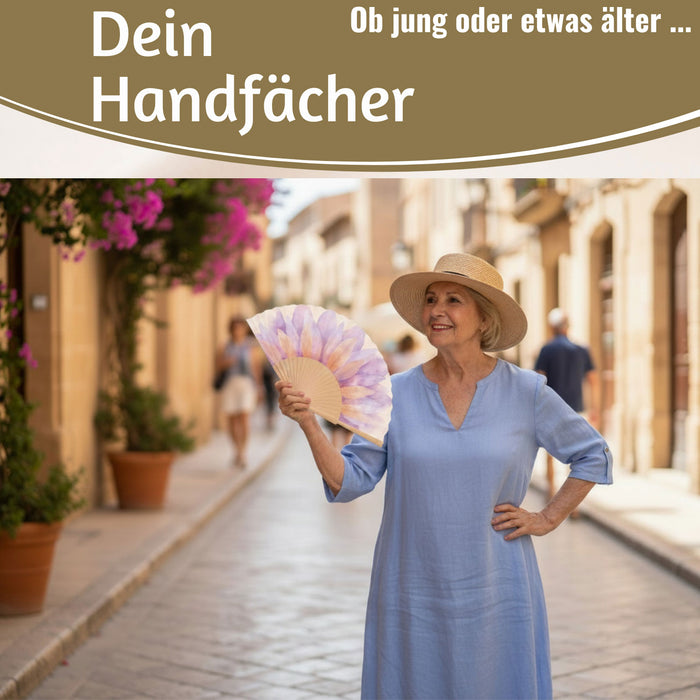 KI-generiertes Bild,Handfächer Holz Stoff Fächer "Blume" Lila Pink Rose faltbar Faltfächer