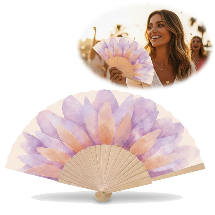 KI-generiertes Bild Handfächer Holz Stoff Fächer "Blume" Lila Pink Rose faltbar Faltfächer