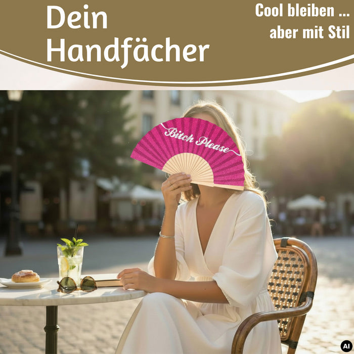 KI-generiertes Bild,Handfächer Holz Stoff Fächer "Karma Baby" Gelb Lila faltbar Faltfächer