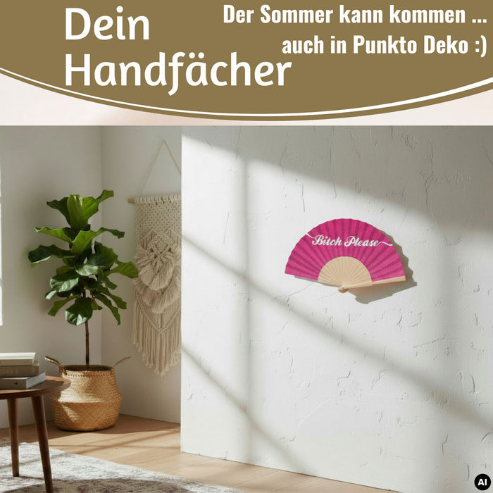KI-generiertes Bild,Handfächer Holz Stoff Fächer "Karma Baby" Gelb Lila faltbar Faltfächer