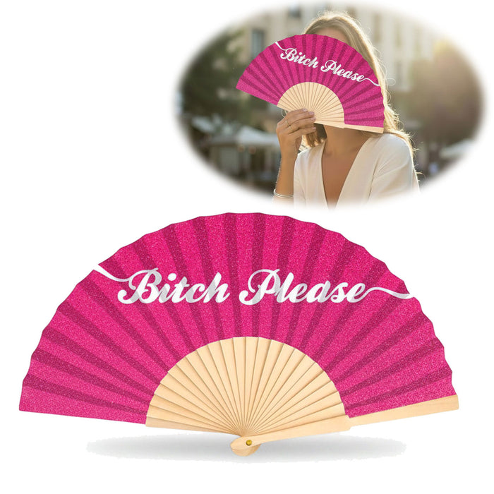 KI-generiertes Bild Handfächer Holz Stoff Fächer "Bitch Please" Pink Weiß Glitzer faltbar Faltfächer