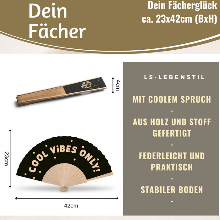 KI-generiertes Bild,Handfächer Holz Stoff Fächer "Cool Vibes Only" Schwarz faltbar Faltfächer