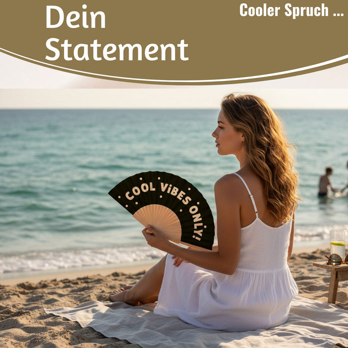 KI-generiertes Bild,Handfächer Holz Stoff Fächer "Cool Vibes Only" Schwarz faltbar Faltfächer