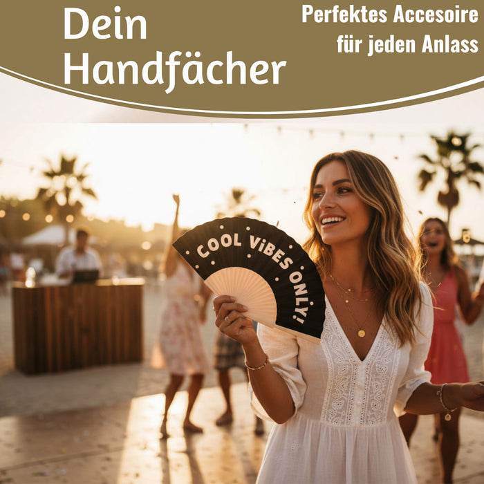 KI-generiertes Bild,Handfächer Holz Stoff Fächer "Cool Vibes Only" Schwarz faltbar Faltfächer