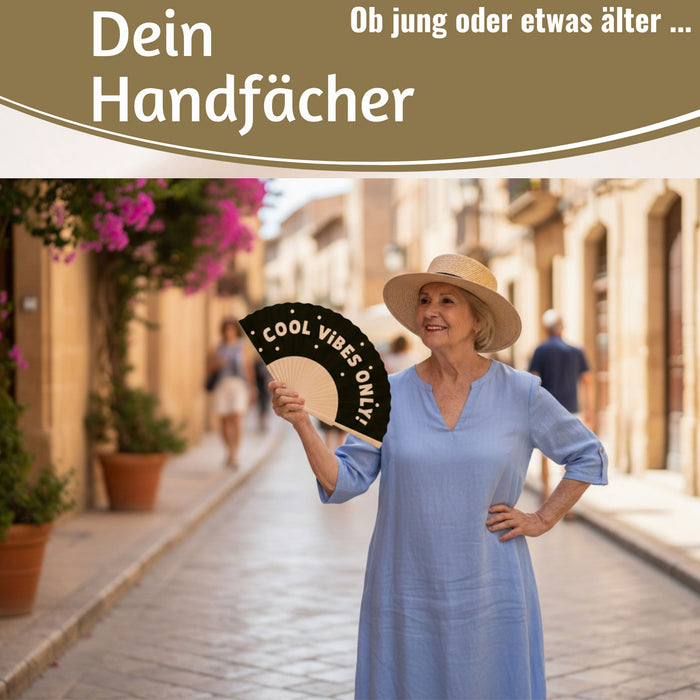 KI-generiertes Bild,Handfächer Holz Stoff Fächer "Cool Vibes Only" Schwarz faltbar Faltfächer