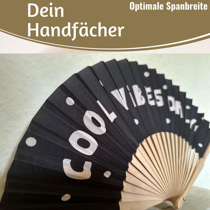 KI-generiertes Bild,Handfächer Holz Stoff Fächer "Cool Vibes Only" Schwarz faltbar Faltfächer