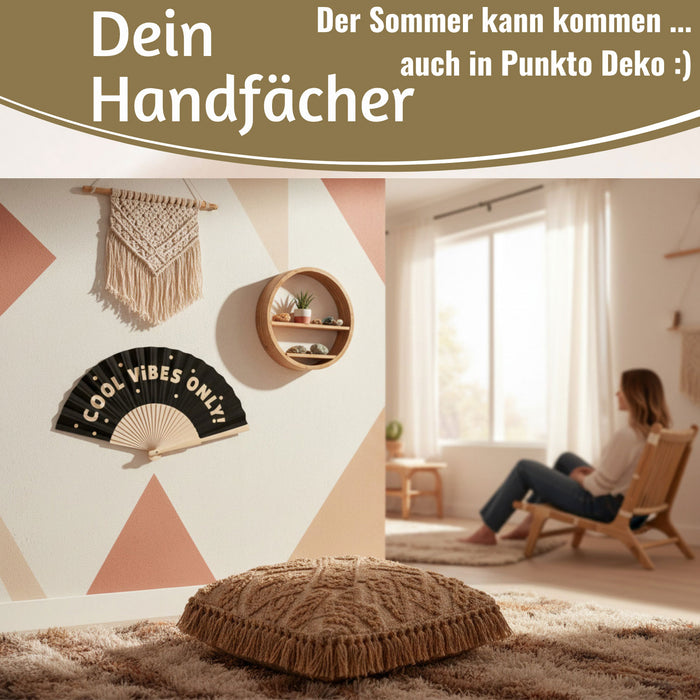 KI-generiertes Bild,Handfächer Holz Stoff Fächer "Cool Vibes Only" Schwarz faltbar Faltfächer