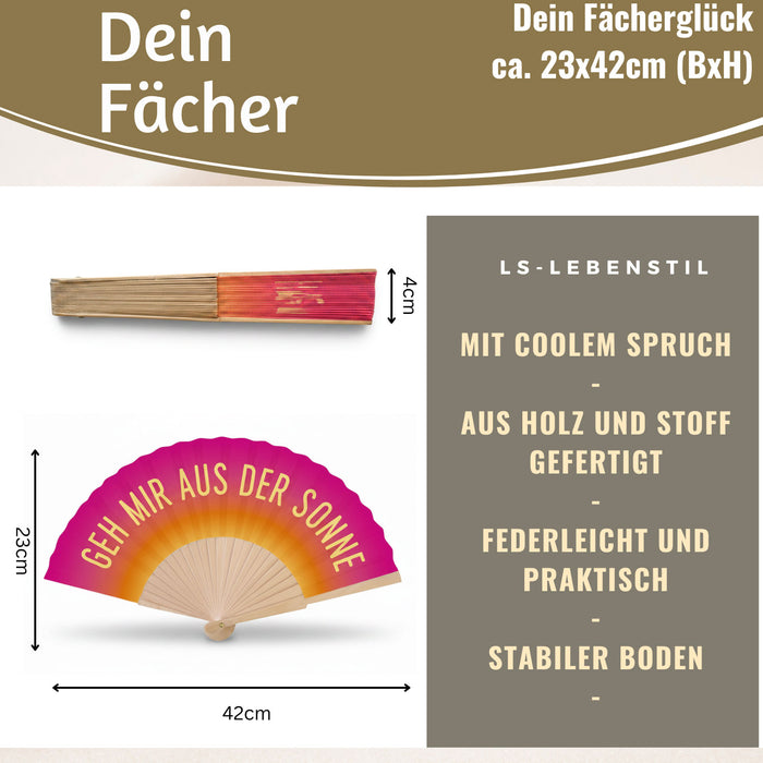 KI-generiertes Bild,Handfächer Holz Stoff Fächer "Geh mir aus der Sonne" Pink faltbar Faltfächer
