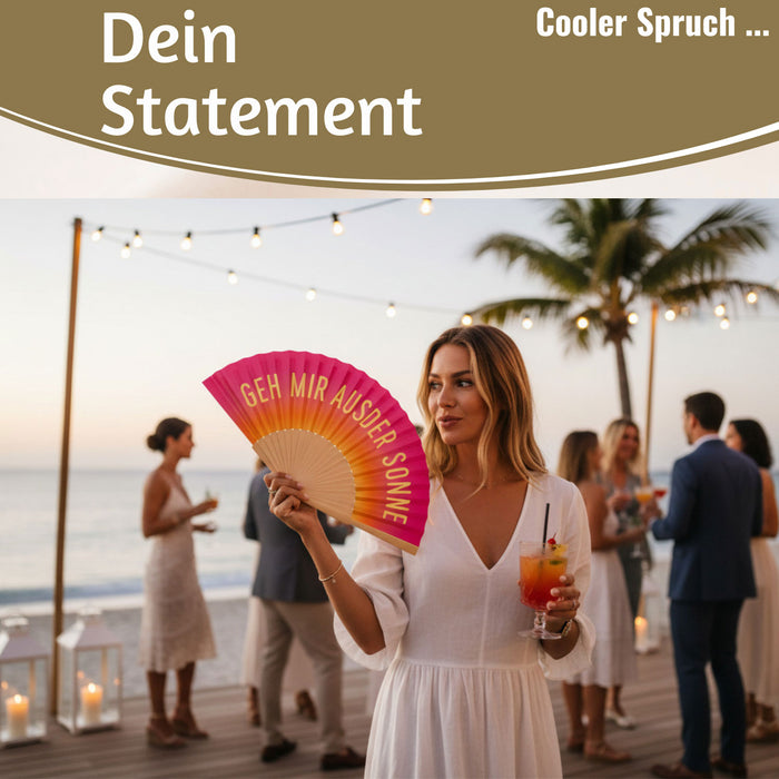KI-generiertes Bild,Handfächer Holz Stoff Fächer "Geh mir aus der Sonne" Pink faltbar Faltfächer