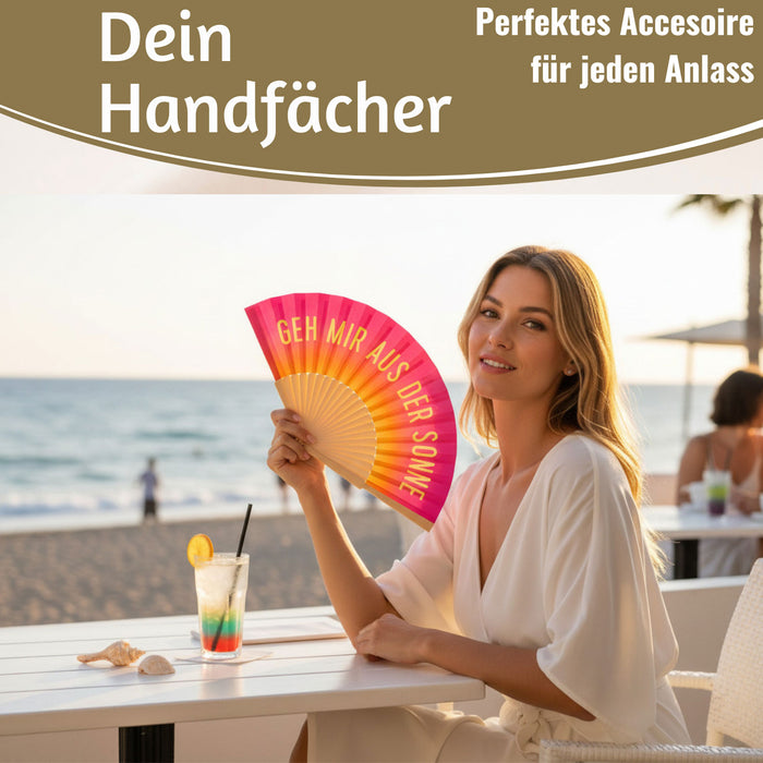 KI-generiertes Bild,Handfächer Holz Stoff Fächer "Geh mir aus der Sonne" Pink faltbar Faltfächer