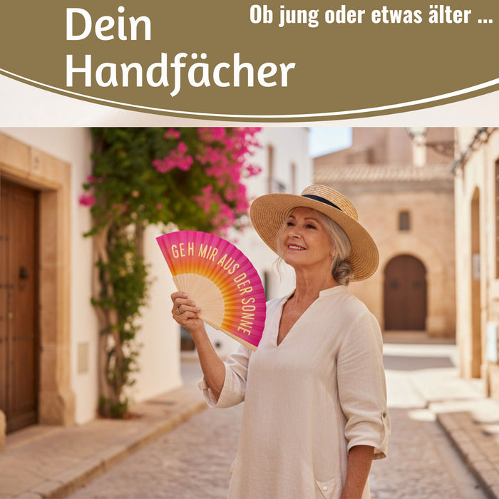 KI-generiertes Bild,Handfächer Holz Stoff Fächer "Geh mir aus der Sonne" Pink faltbar Faltfächer